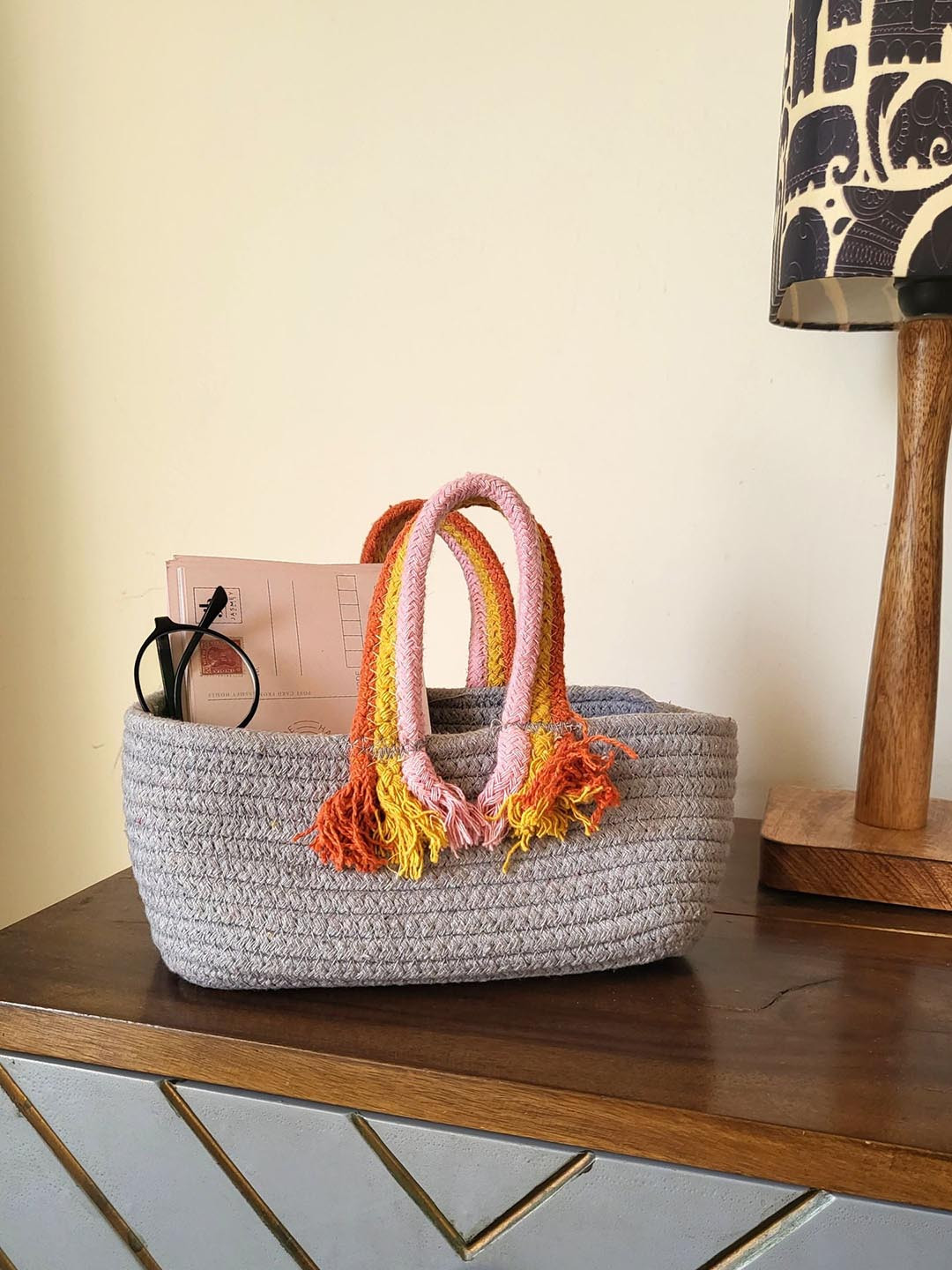 JASMEY HOMES Grey Boho Storage Basket