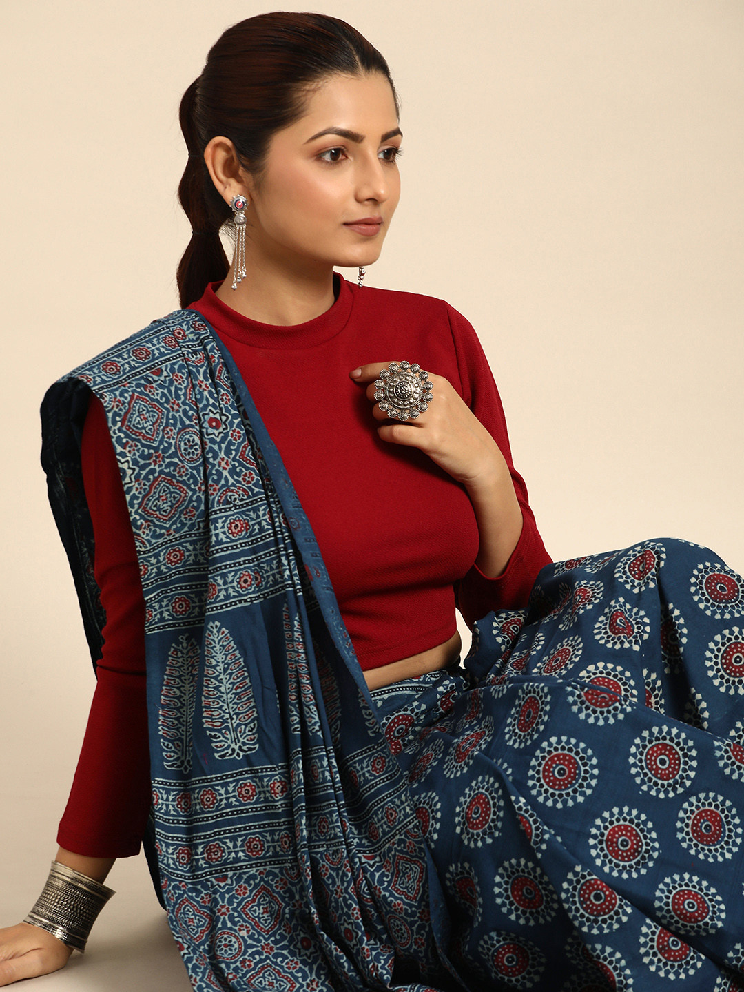 Taavi Ajrak Block Pure Cotton Block Print Saree