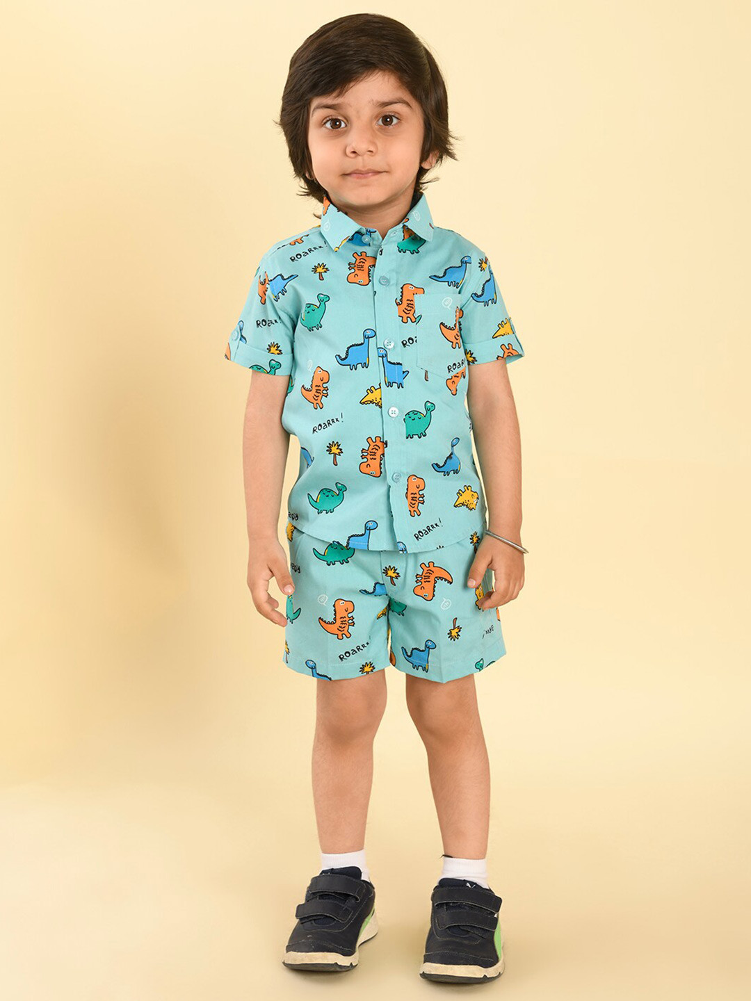 LIL PITAARA Boys Conversational Printed Pure Cotton Shirt with Shorts