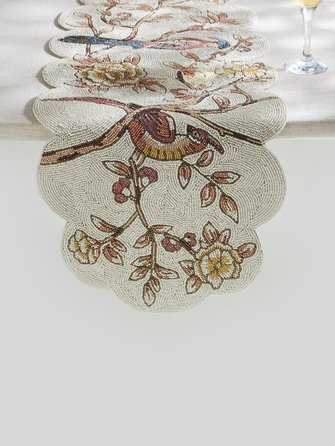 Home Centre Off-White & Brown Alora Bird Of Paradise Poly Satin Beaded Table Runner