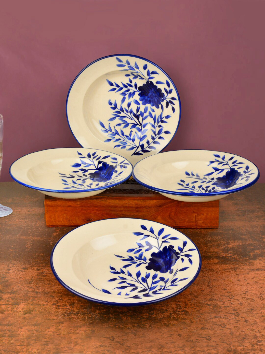 StyleMyWay Off White & Blue 4 Pieces Floral Printed Ceramic Glossy Plates