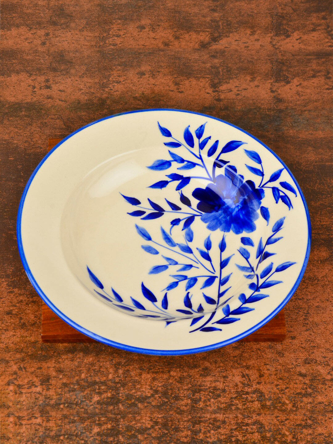 StyleMyWay White & Blue Floral Printed Deep Ceramic Glossy Plate