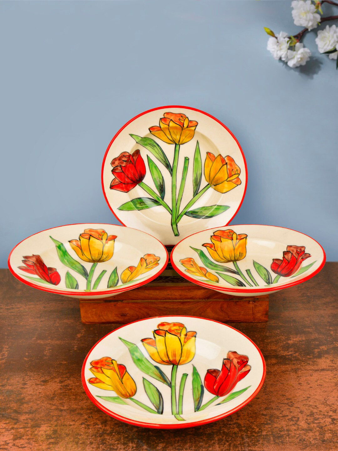 StyleMyWay Off White & Yellow 4-Pieces Floral Printed Deep Ceramic Glossy Plates