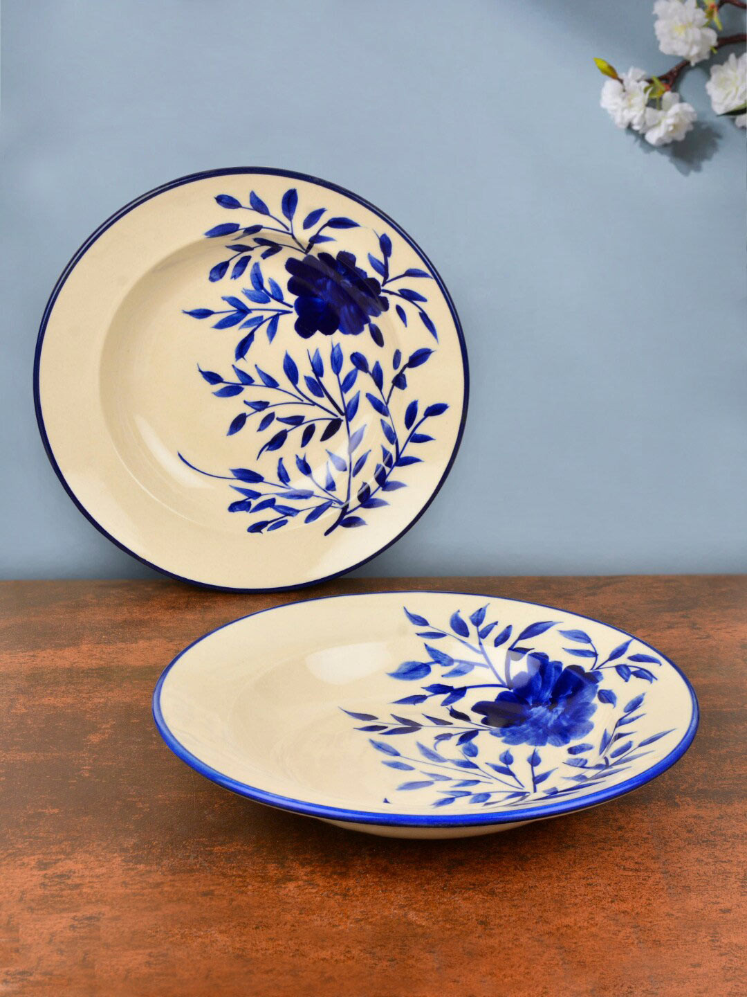 StyleMyWay Off White & Blue 2 Pieces Floral Printed Deep Ceramic Glossy Plates