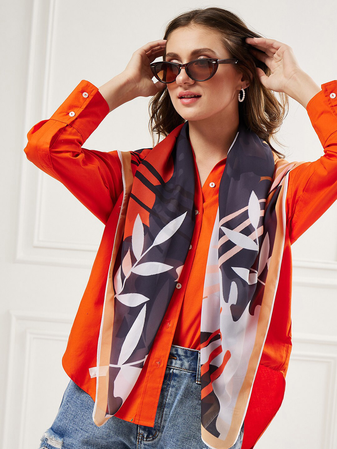 Athena Women Orange & Brown Printed Scarf