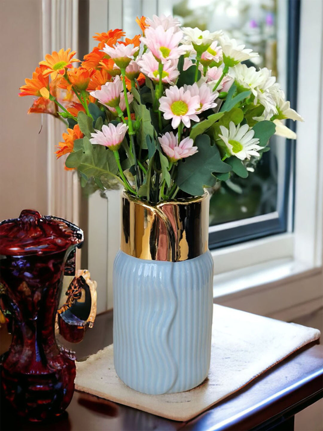 Art Street Blue Textured Ribbed Design Ceramic Flower Vase