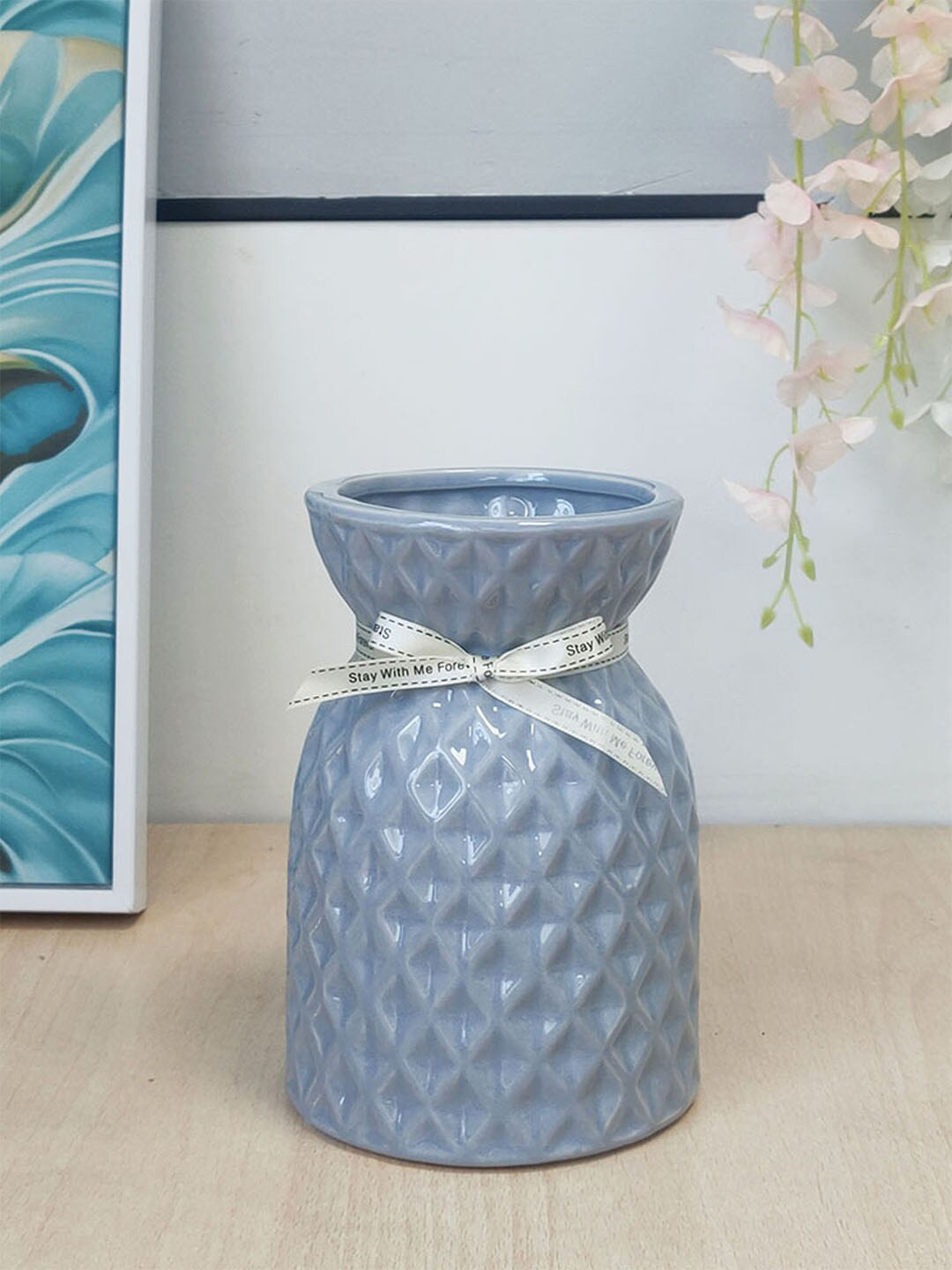 Art Street Grey Textured Grid Design Ceramic Flower Vase