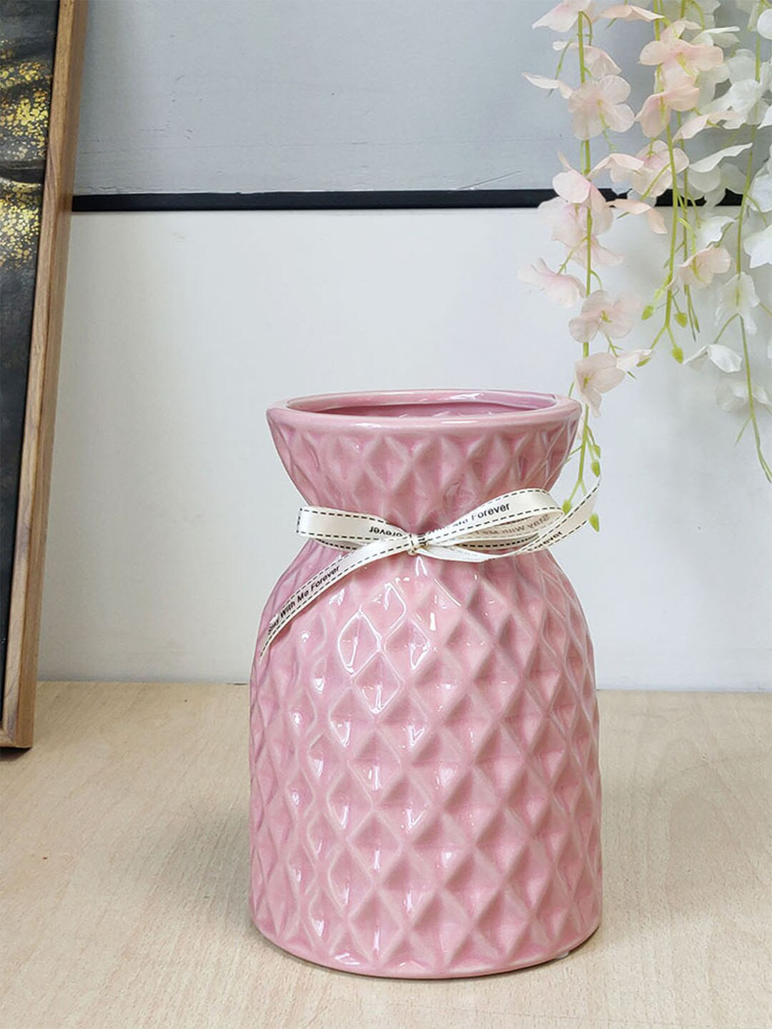 Art Street Pink Textured Grid Design Ceramic Flower Vase