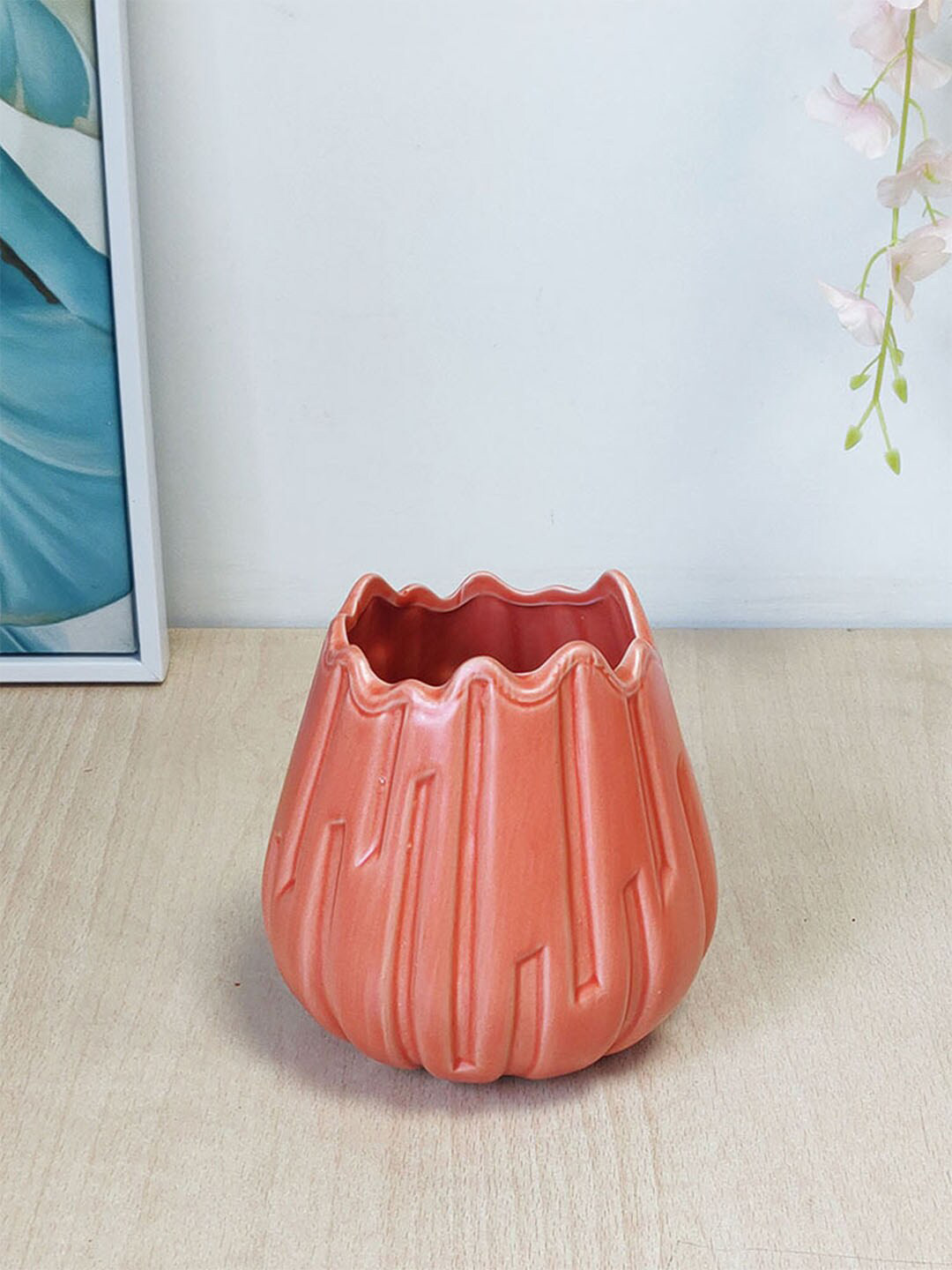 Art Street Orange-Coloured Textured Ceramic Flower Vase