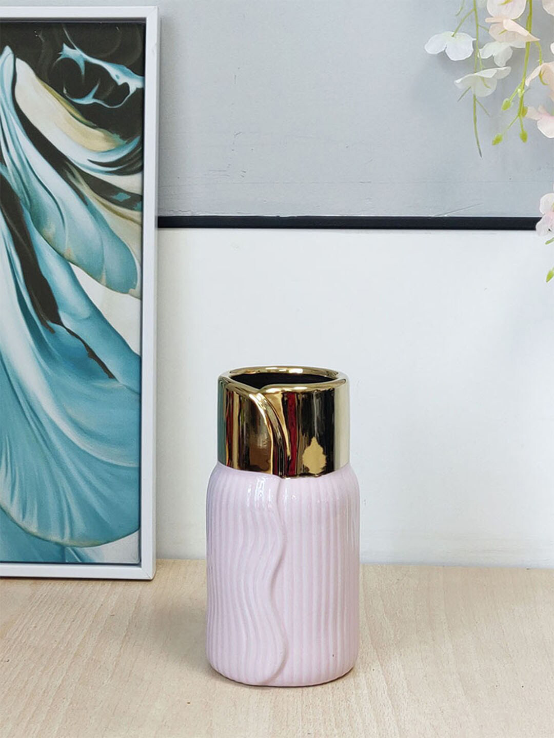 Art Street Pink Textured Ribbed Design Ceramic Flower Vase