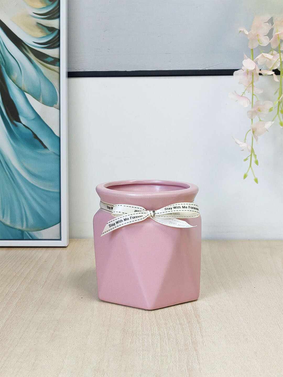 Art Street Pink Textured Geometric Design Ceramic Flower Vase