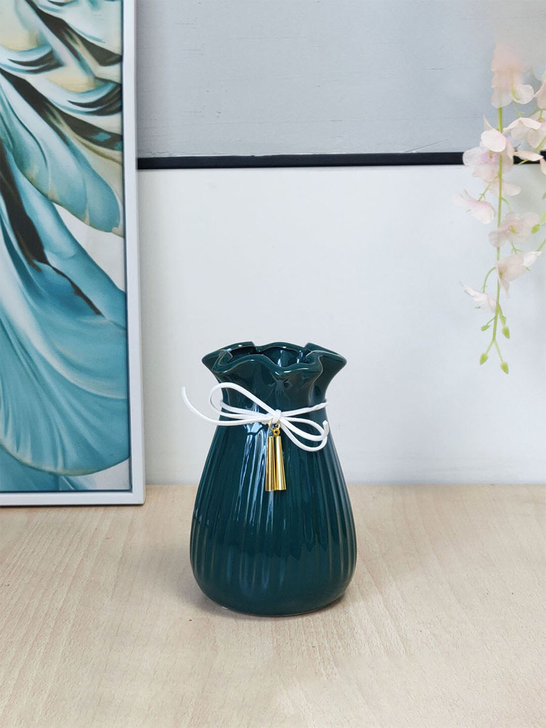 Art Street Green Textured Origami European Style Ceramic Flower Vase