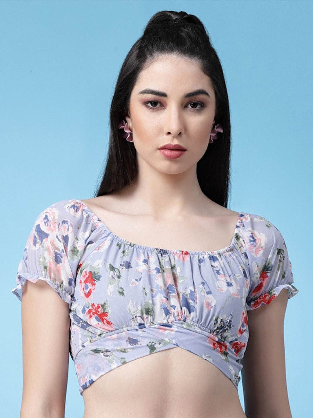 Oomph! Floral Printed Georgette Crop Top With Back Tie-ups