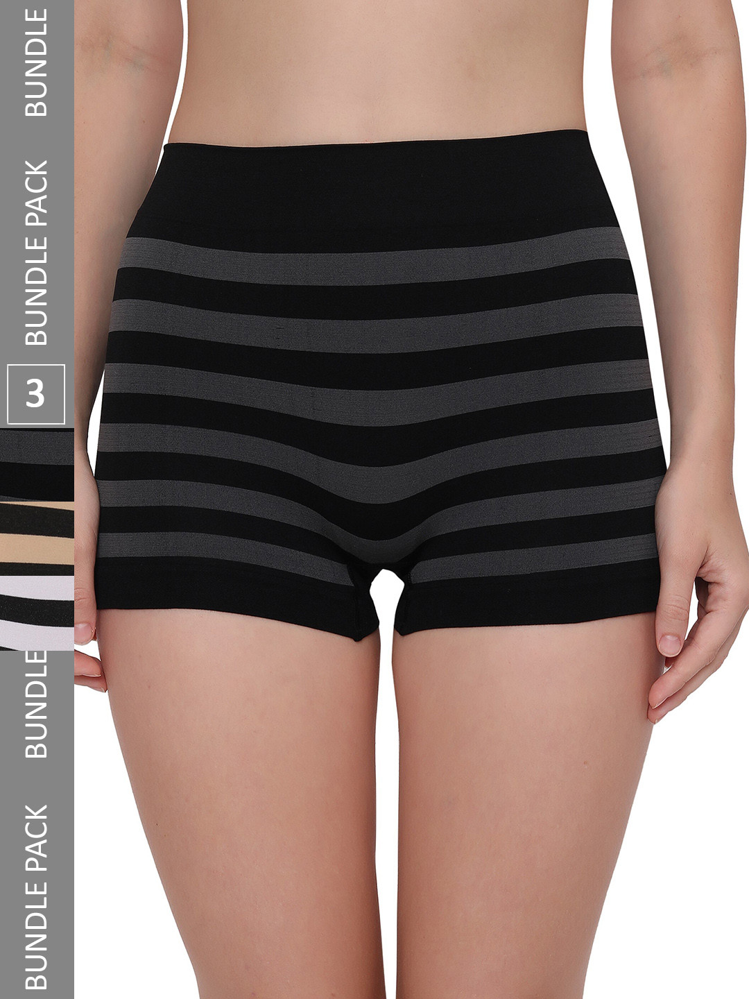 PLUMBURY Women Pack Of 3 Striped Seamless Anti Microbial Boy Shorts Briefs