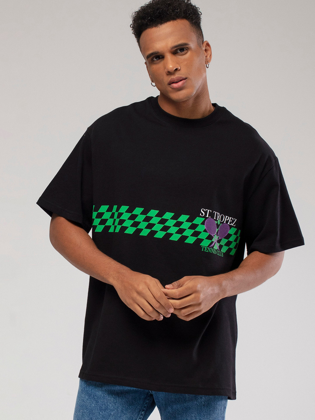 catch Checked Drop-Shoulder Sleeves Pure Cotton Relaxed Fit T-shirt