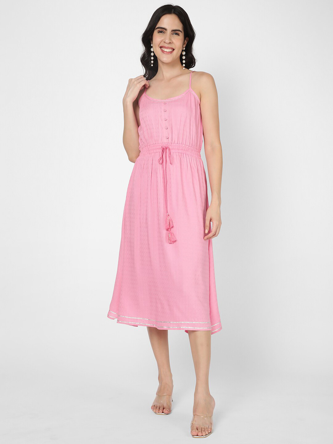 R&B Self Design Tie-Up A-Line Midi Dress