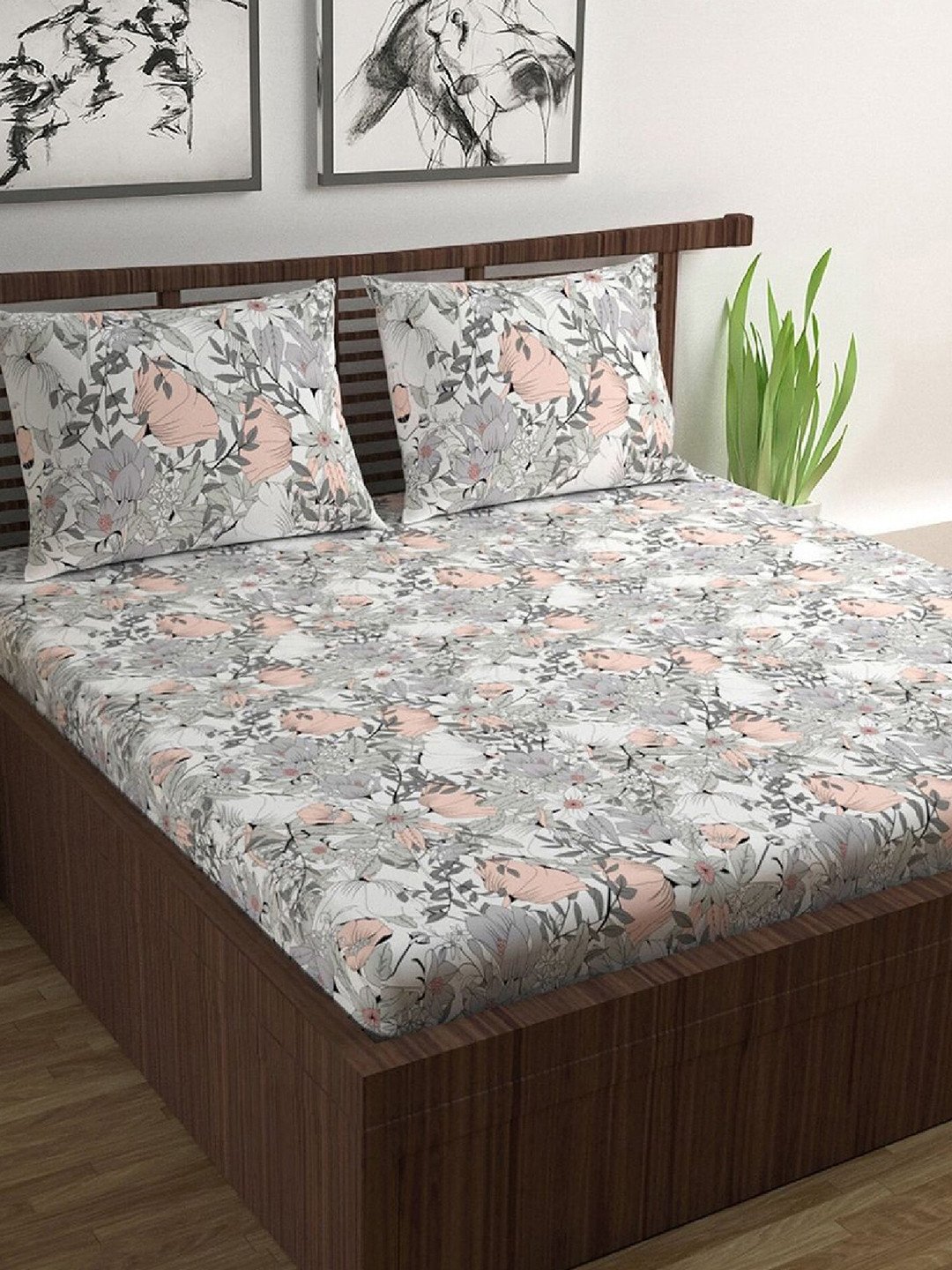 Divine Casa Garden Bliss Grey Floral Cotton 144 TC Fitted Queen Bedsheet with 2 Pillow Covers-79 x 59 inches
