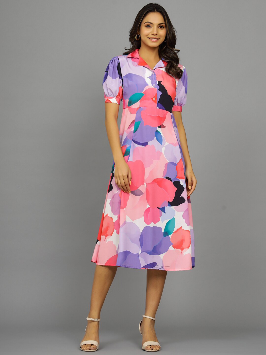 HANDICRAFT PALACE Floral Print Puff Sleeve Crepe Fit & Flare Midi Dress