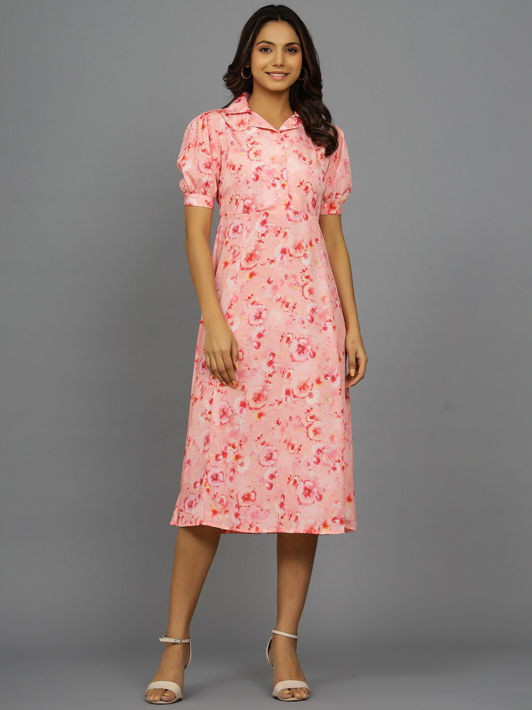 HANDICRAFT PALACE Pink Floral Print Puff Sleeve Crepe Shirt Midi Dress