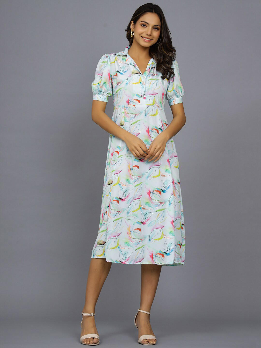 HANDICRAFT PALACE Grey Floral Print Crepe A-Line Midi Dress