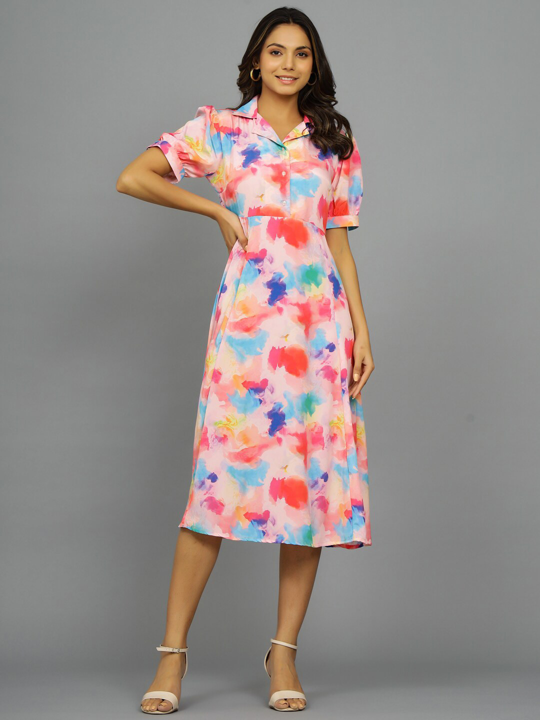 HANDICRAFT PALACE Pink Floral Print Crepe Fit & Flare Midi Dress