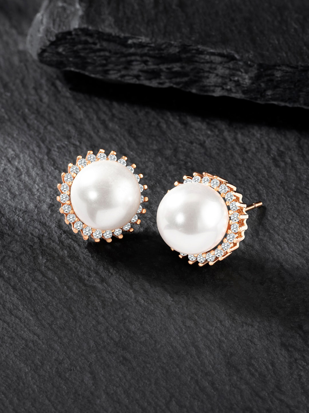 Peora Rose Gold-Plated Contemporary Cubic Zirconia Studded Studs Earrings