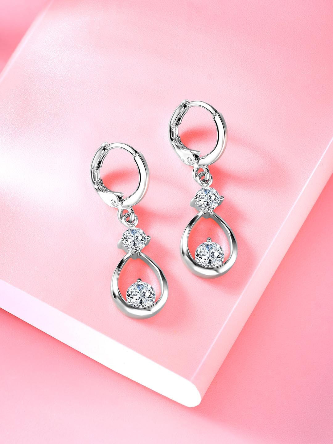 Peora Silver-Plated Teardrop Shaped CZ Studded Hoop Earrings