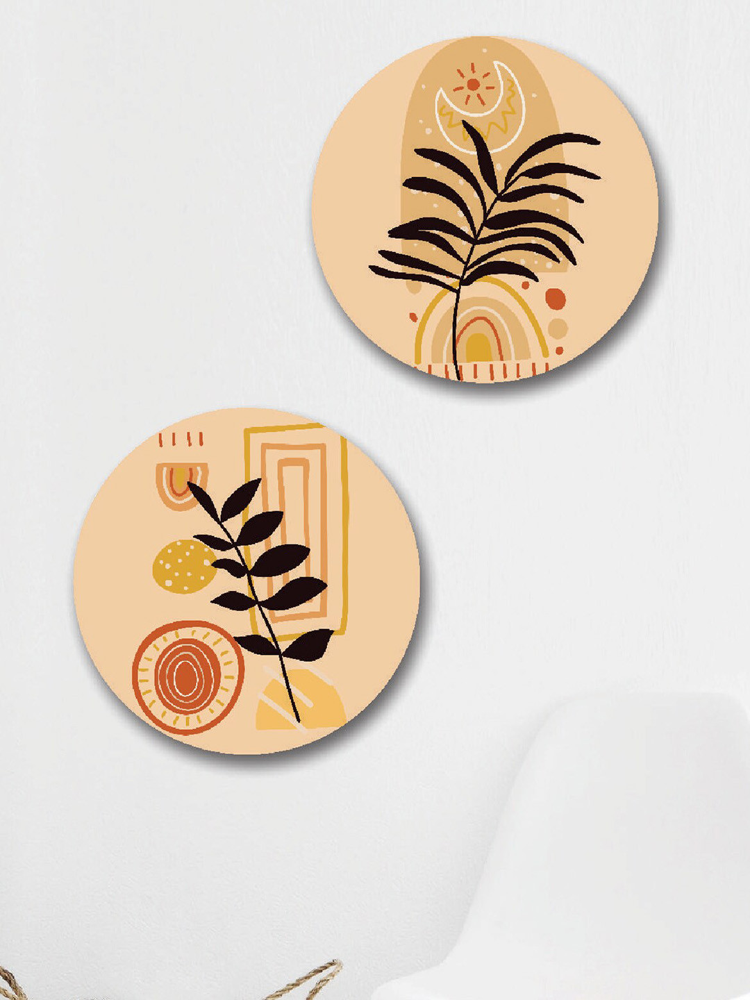 SAF Peach Colored 2 Pieces Abstract Leaves Round Shape Framed Painting Wall Art