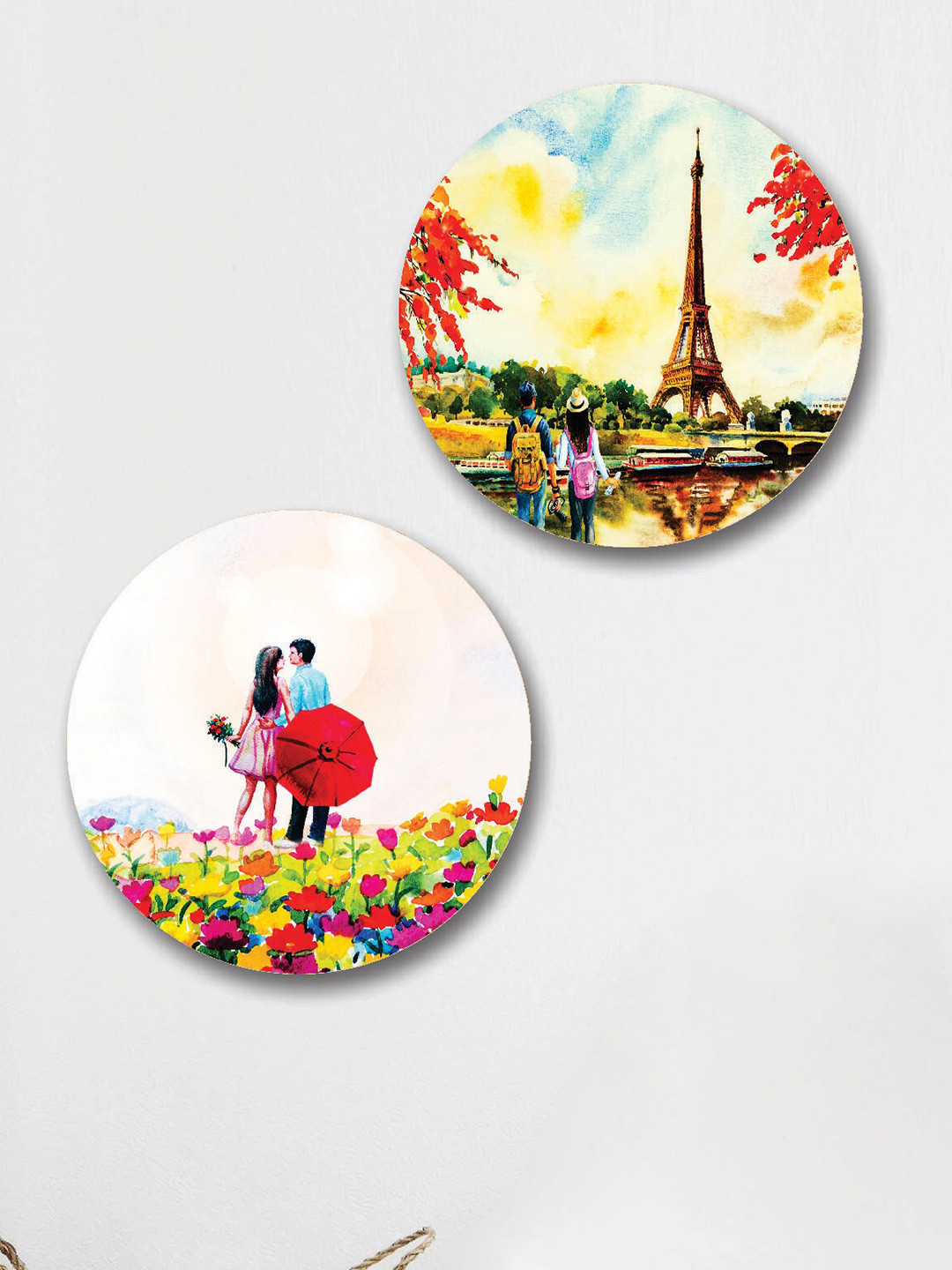 SAF Green & Yellow 2 Pieces Romantic Couples Round Shape Framed Painting Wall Art