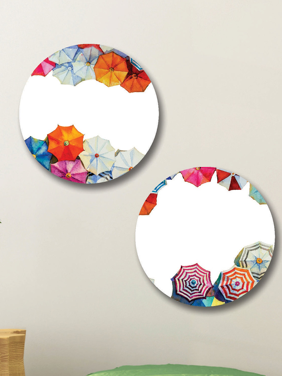 SAF White 2 Pieces Colorful Umbrella Round Shape Framed Painting Wall Art