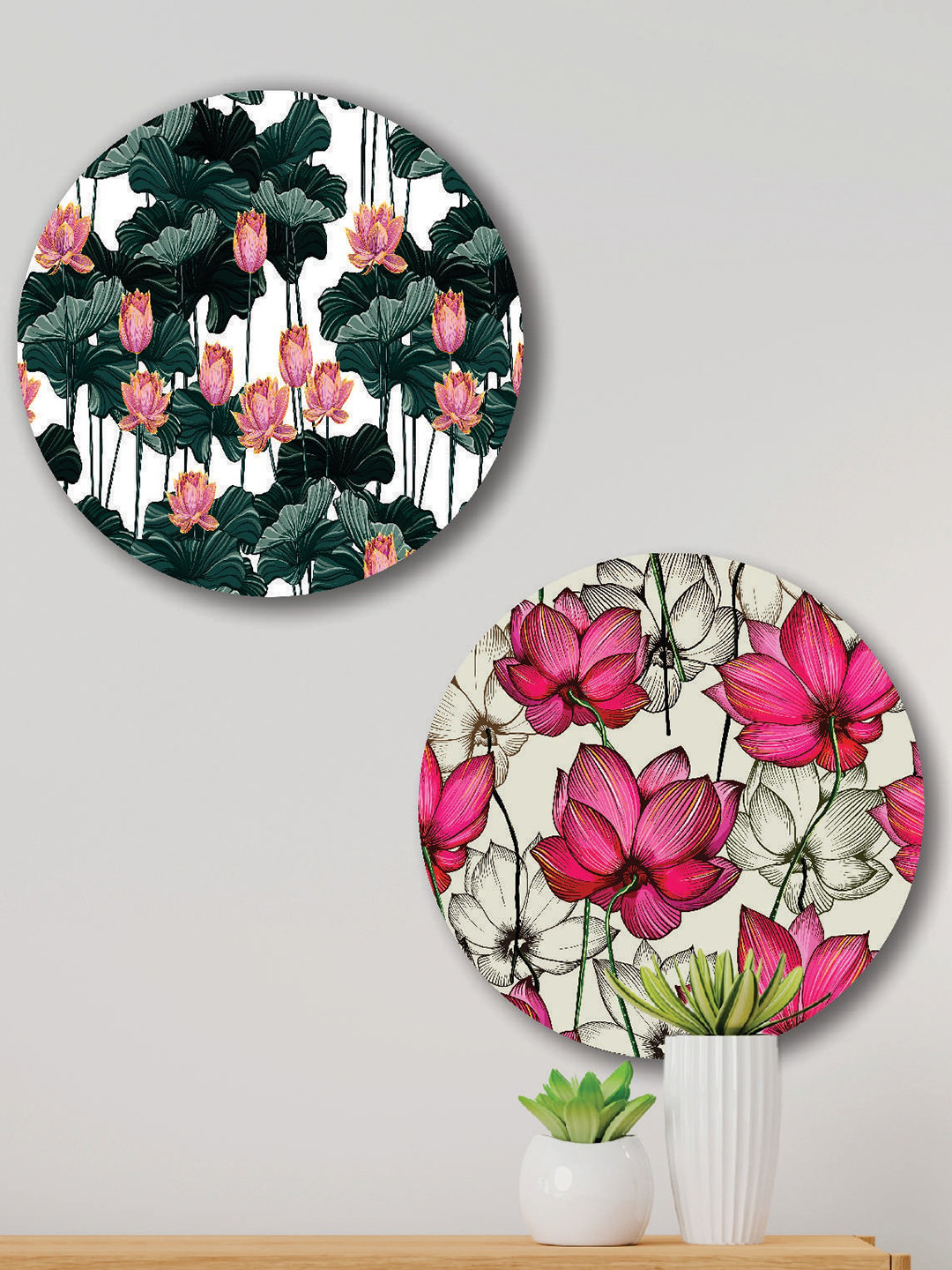 SAF Flower White MDF 2 Pcs Wall Living Room Round Potrait Paintings Wall Art -12 x 12In