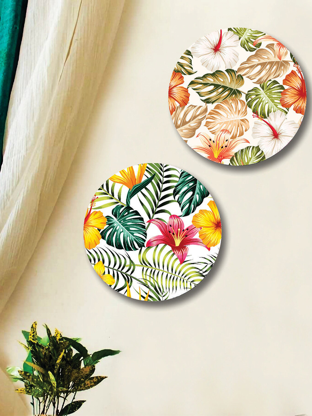 SAF White & Green 2 Pieces Abstract Tropical Leaves Round Shape Framed Painting Wall Art