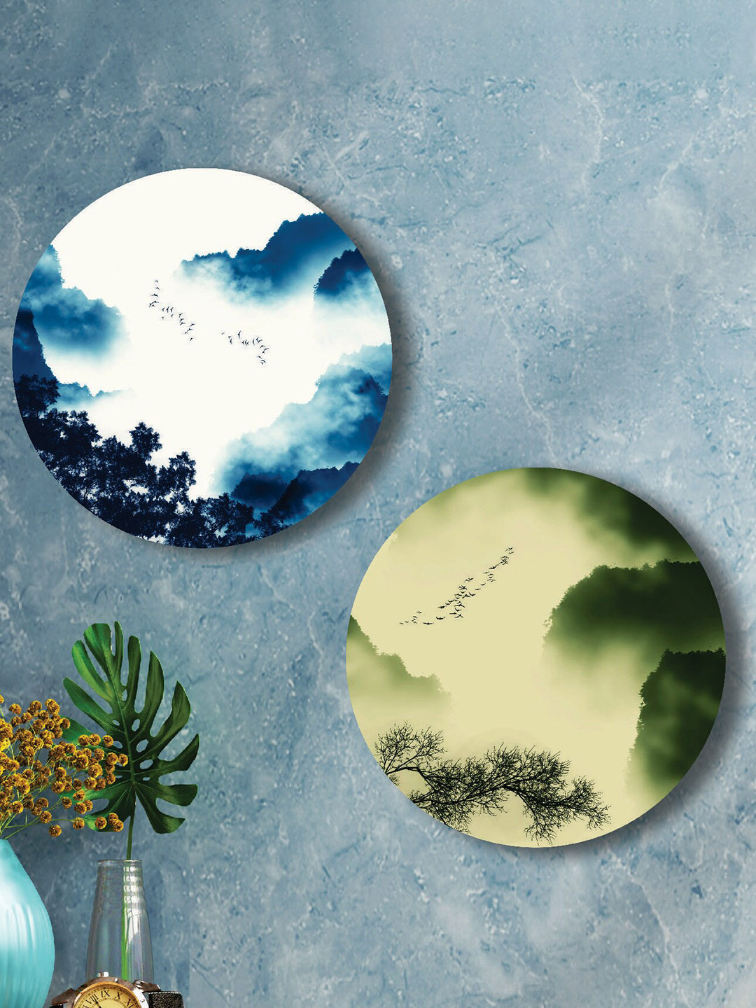 SAF Green & White 2 Pieces Sky & Tree Round Shape Framed Painting Wall Art