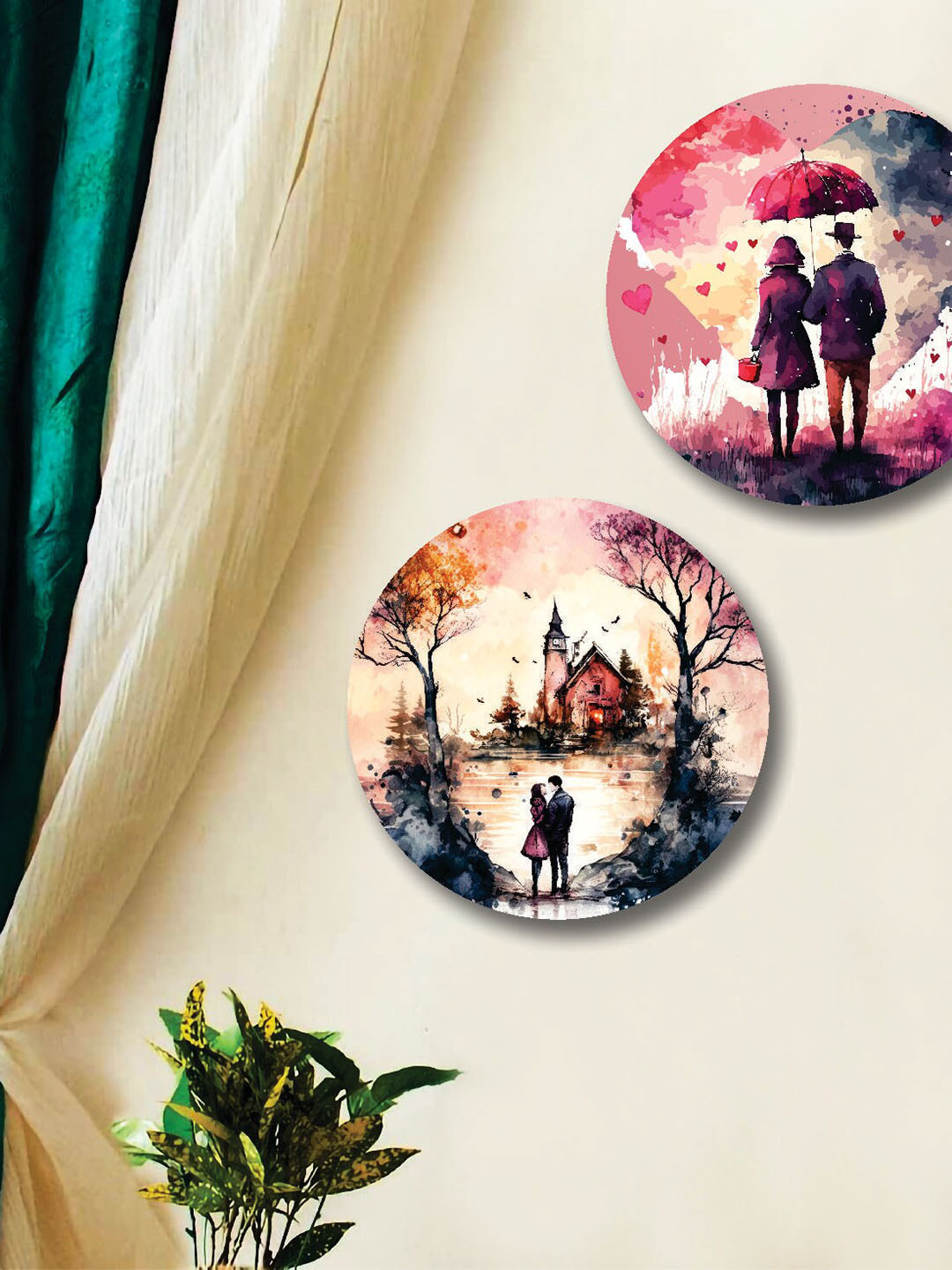 SAF Pink & White 2 Pieces Round Shape Vintage Romantic Couple Painting Framed Wall Arts