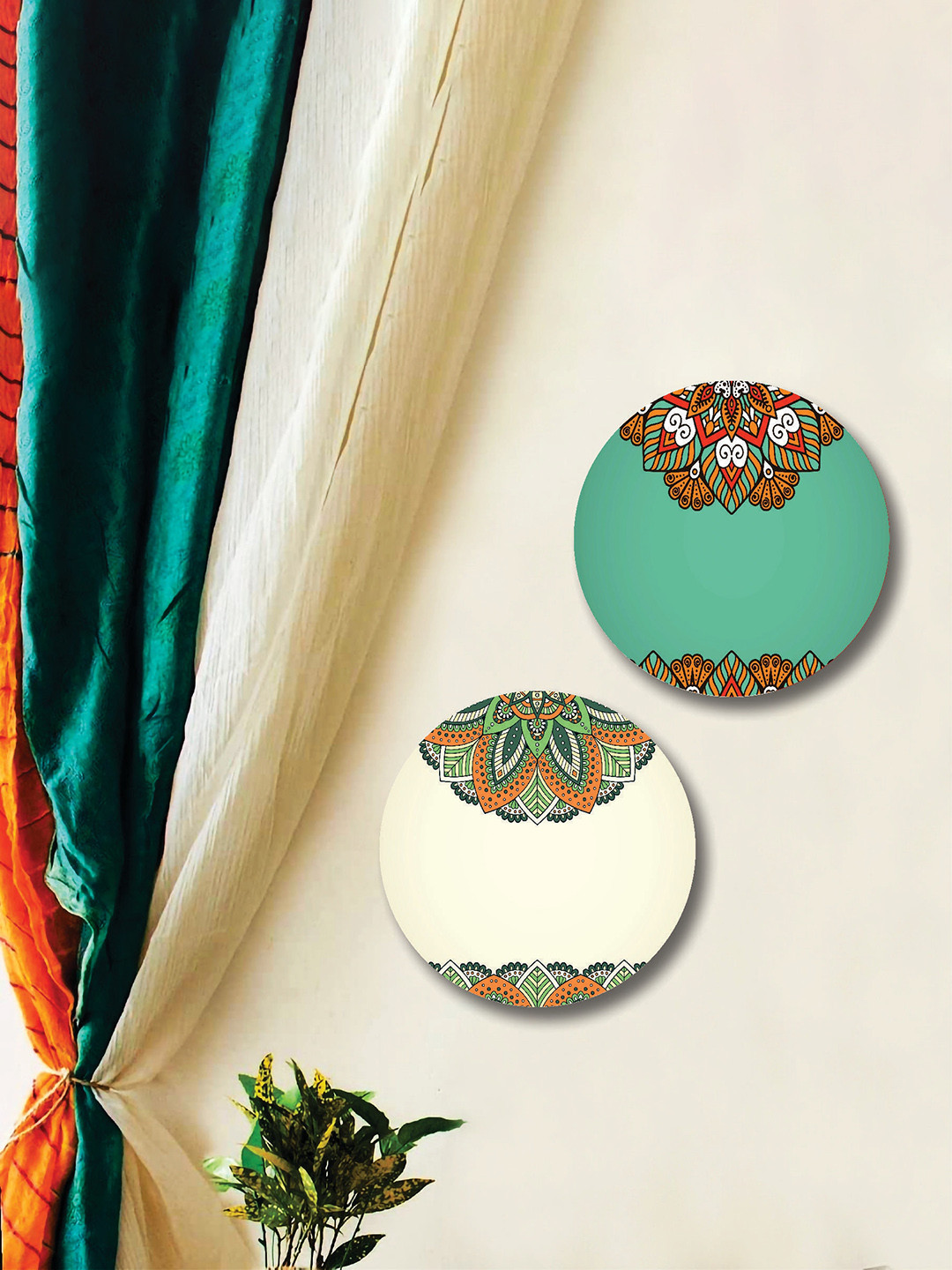 SAF Green & Red 2 Pieces Mandala Flower Round Shape Framed Painting Wall Art