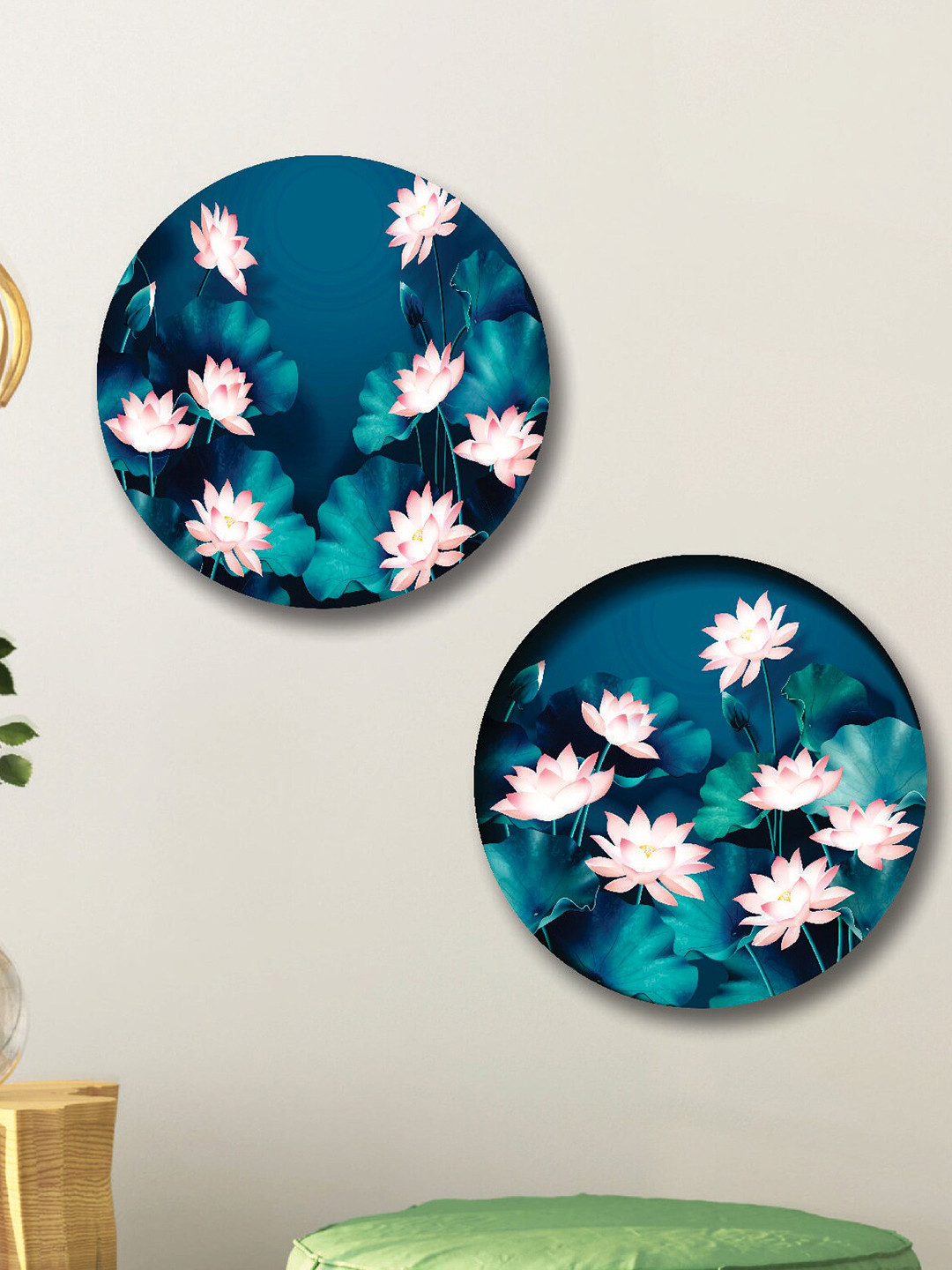 SAF Blue & Pink 2-Pieces Lotus Flower Printed Round Wall Art