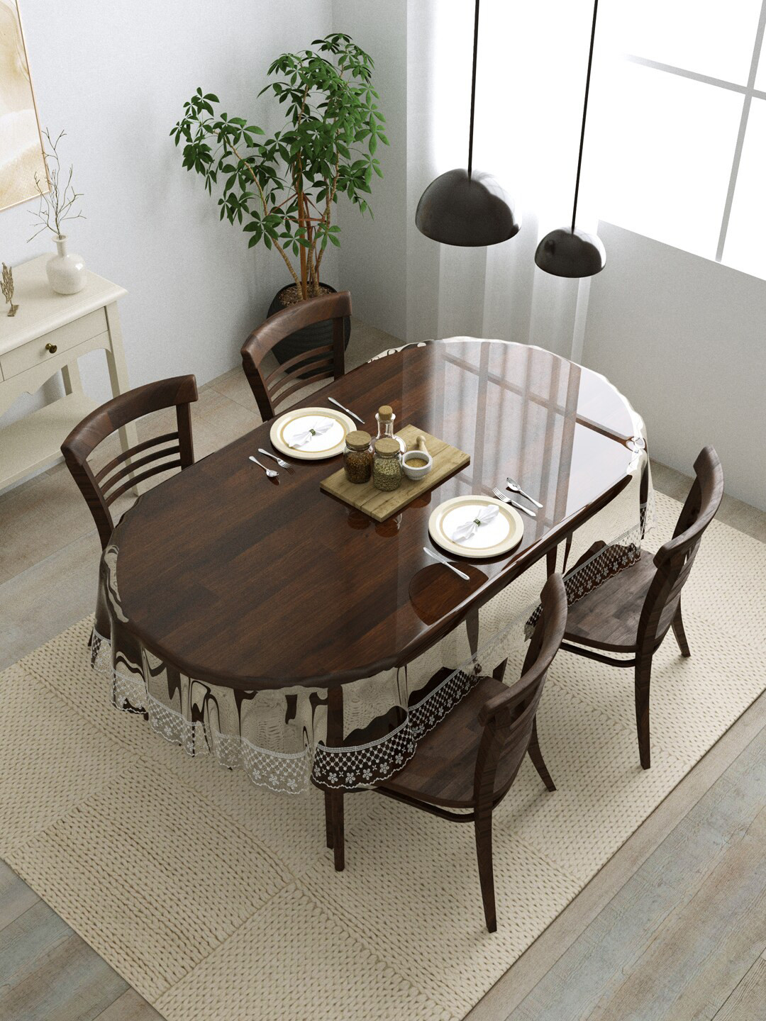 Clasiko Transparent & White Lace Detailed Oval 4-Seater Anti-Slip Dining Table Cover