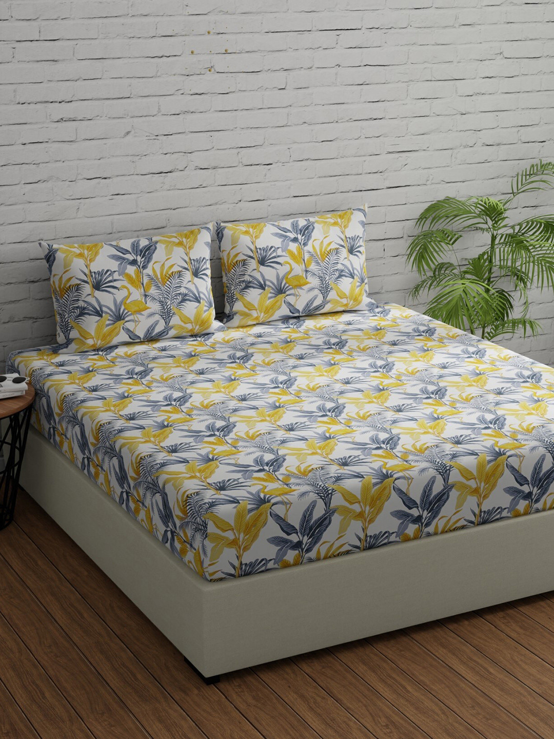 Huesland Yellow Floral Cotton 144 TC Queen Bedsheet with 2 Pillow Covers-96 x 88 inches
