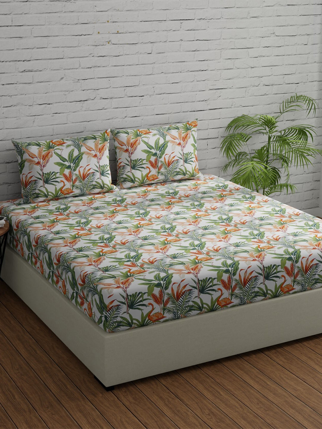 Huesland Comfort Orange Leaf Cotton 144 TC King Bedsheet with 2 Pillow Covers-108 x 108 inches