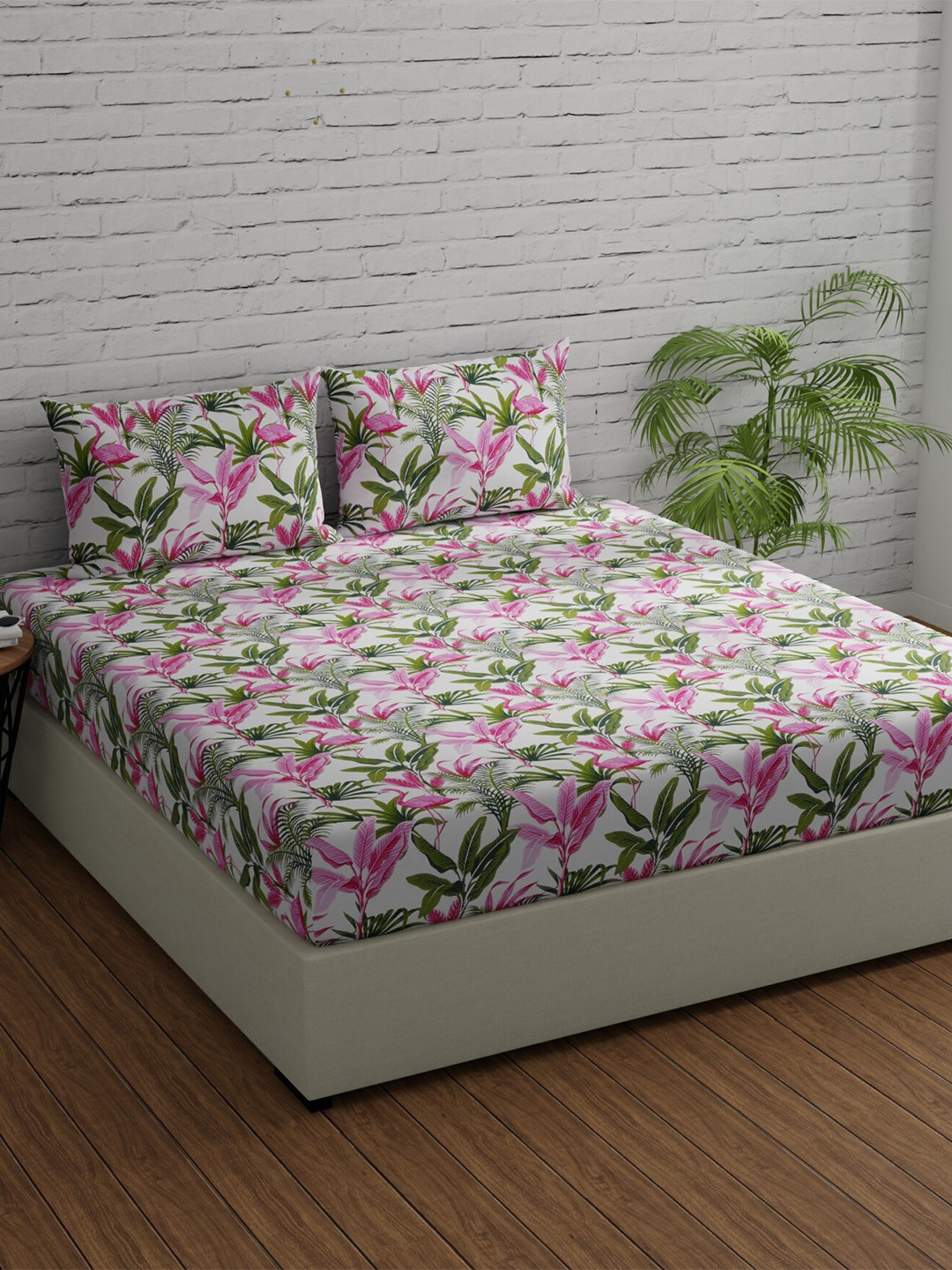 Huesland Comfort Pink Leaf Cotton Skin-Friendly 144 TC Queen Bedsheet with 2 Pillow Covers-244 x 223 cm