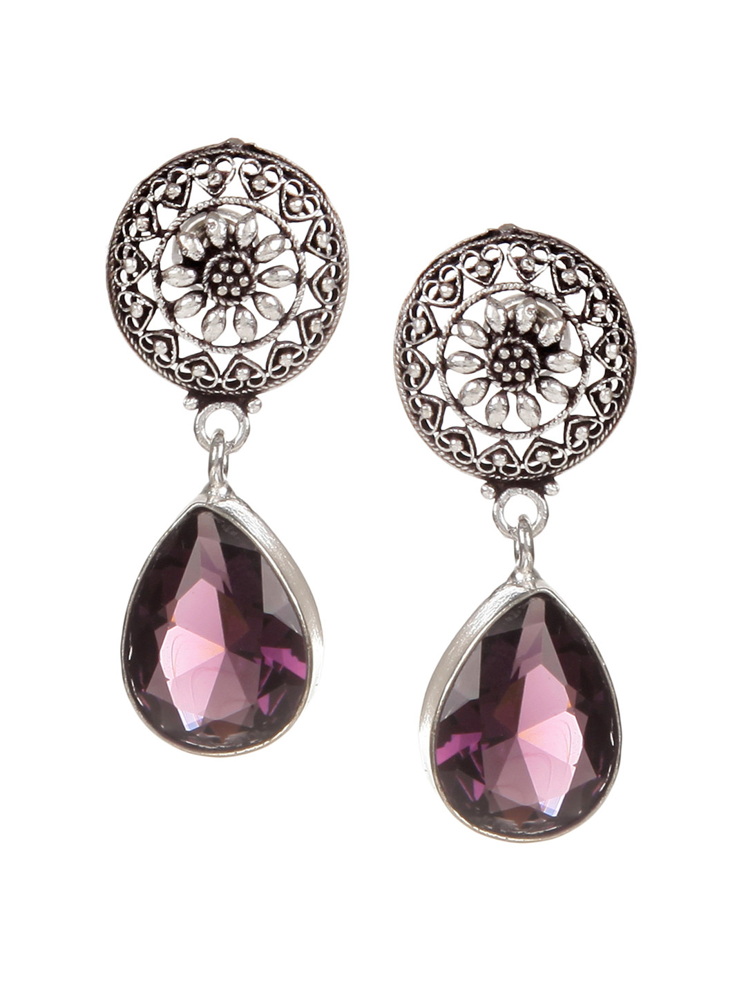Bamboo Tree Jewels Purple & White Teardrop Shaped Drop Earrings