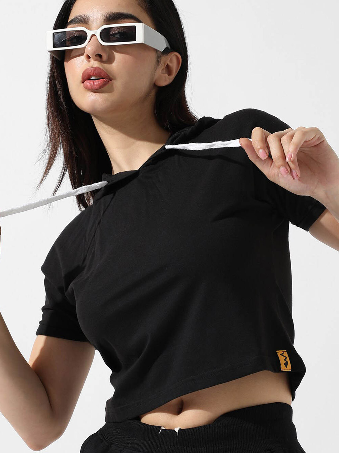 Campus Sutra Black Hooded Extended Sleeves Cotton Crop Boxy Fit T-shirt
