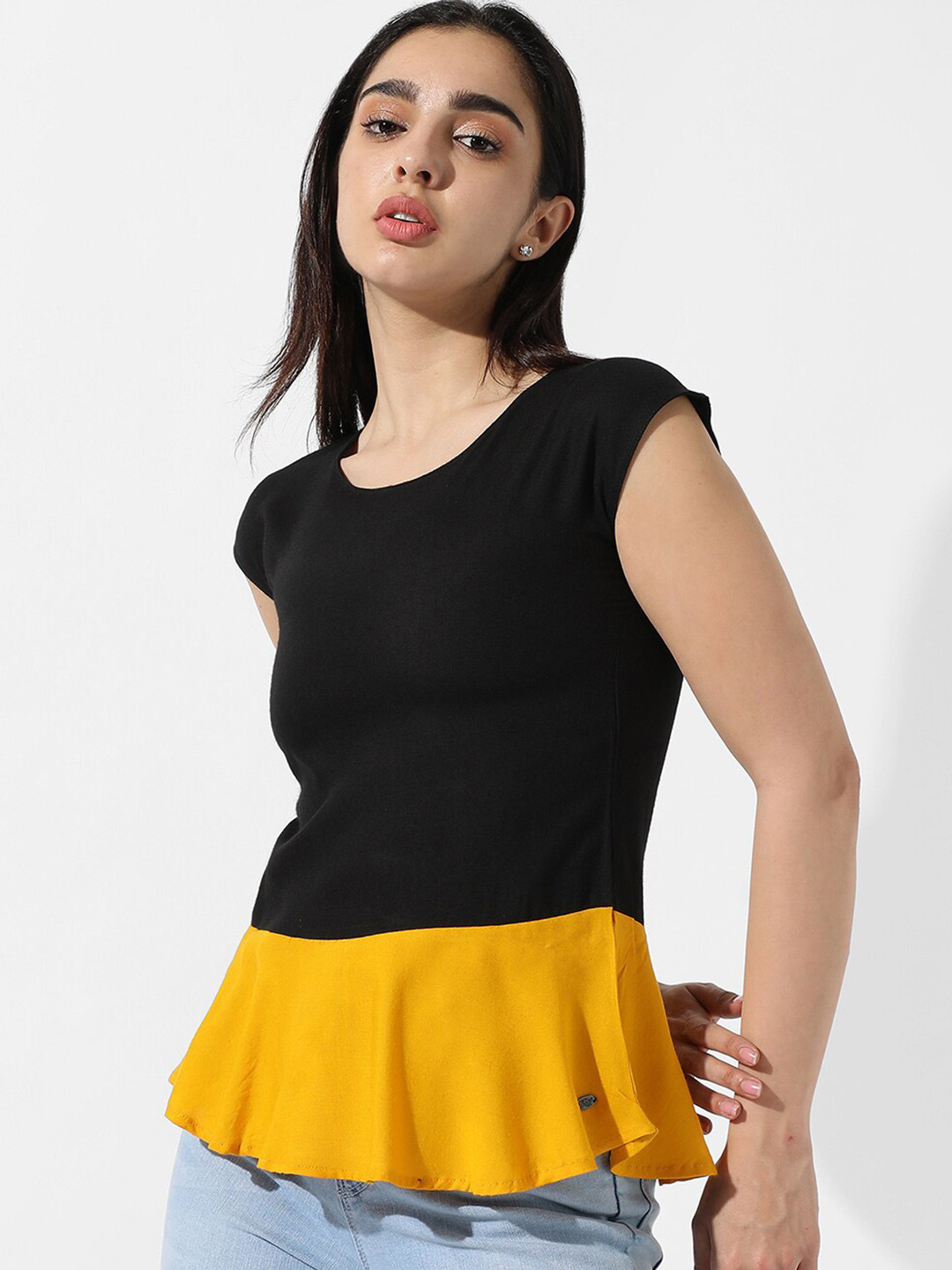 Campus Sutra Black and Yellow Colourblocked Peplum Top