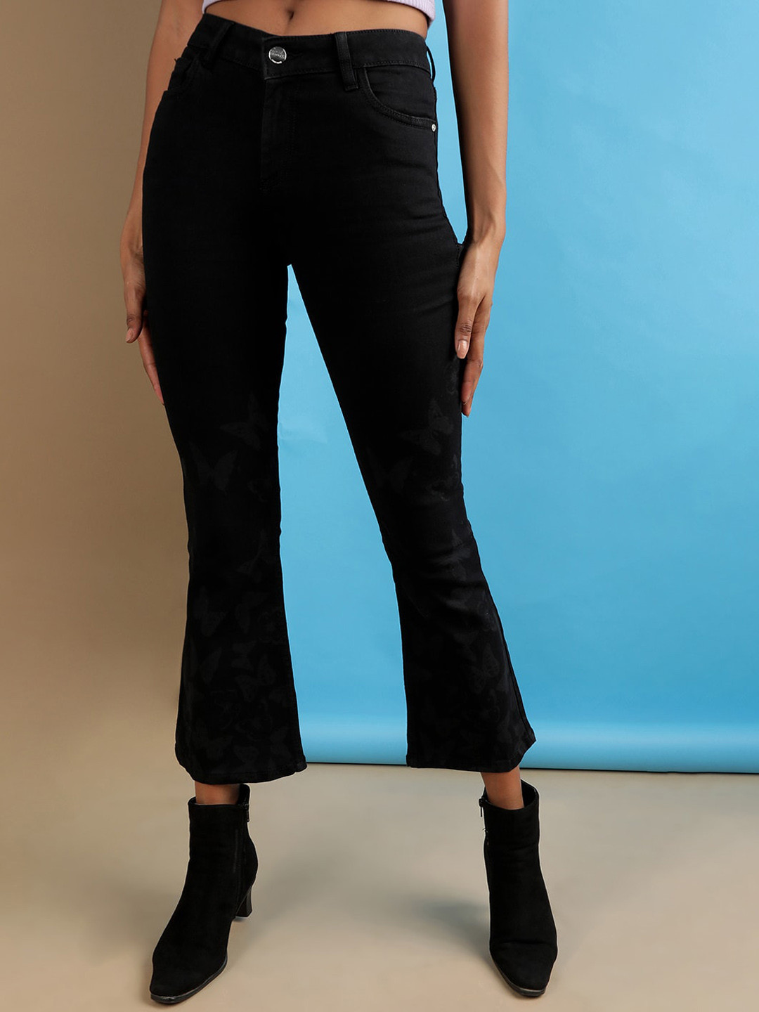 Freehand by The Indian Garage Co Women Black High-Rise Stretchable Cropped Bootcut Jeans