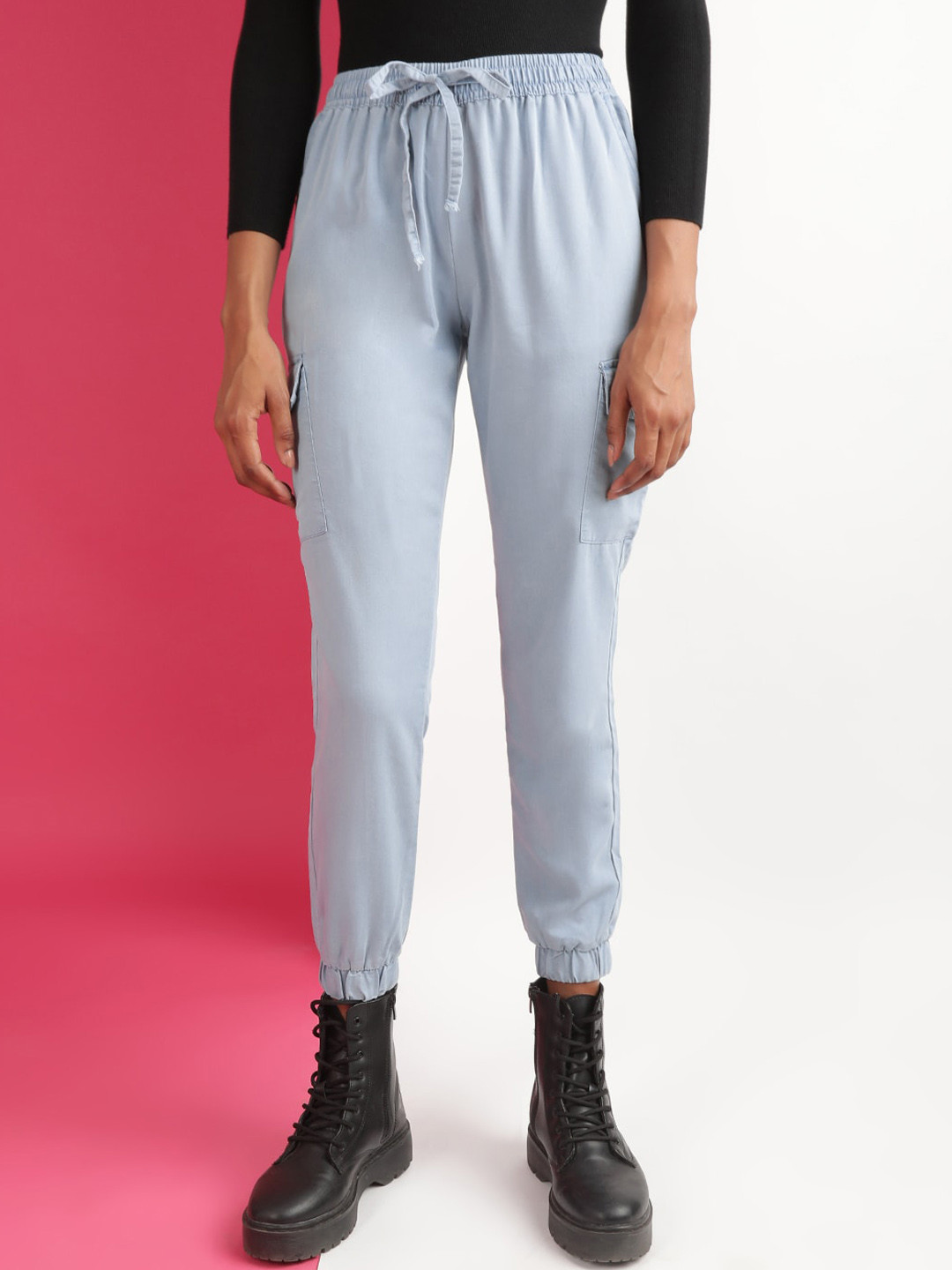 Freehand by The Indian Garage Co Women Blue Clean Look Mid Rise Cropped Jogger