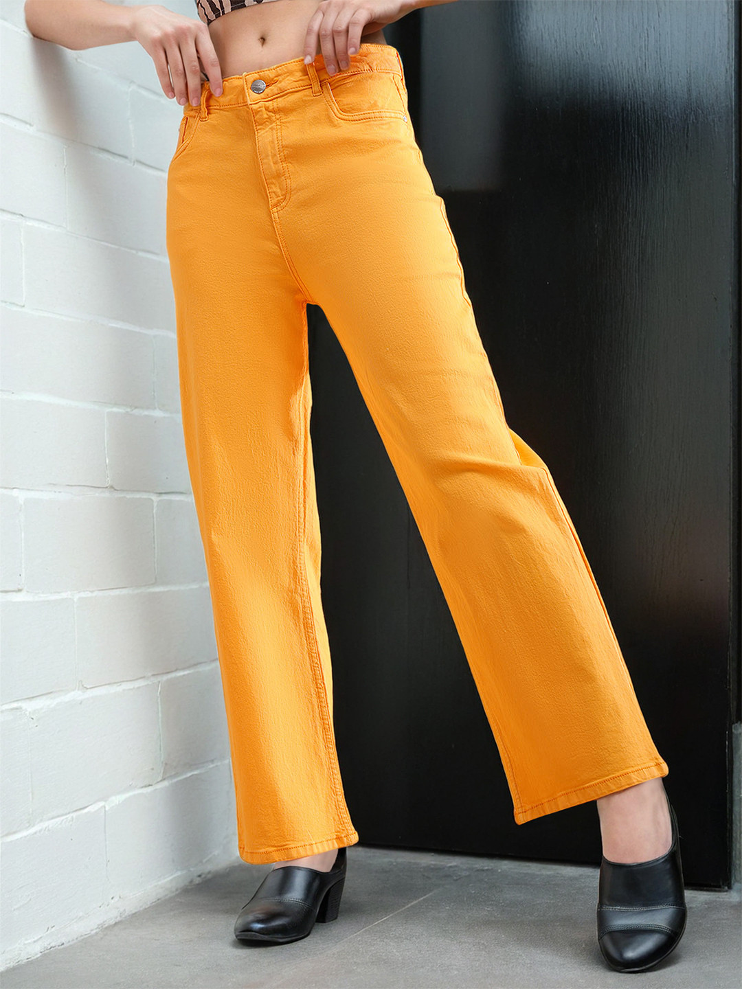 Freehand by The Indian Garage Co Yellow Women Flared High-Rise Stretchable Clean Look Jeans