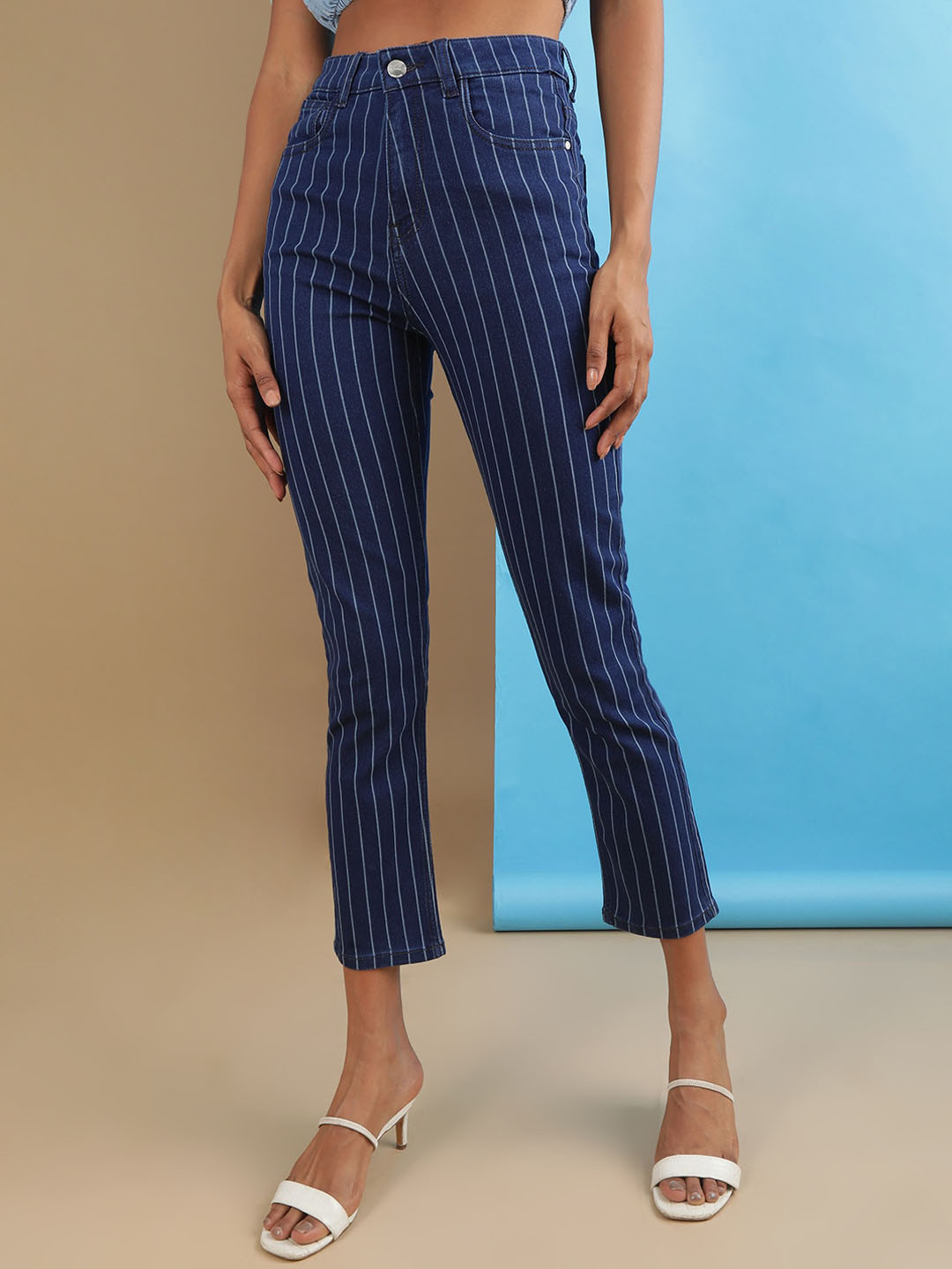 Freehand by The Indian Garage Co Women Blue Striped Straight Fit Clean Look High-Rise Stretchable Jeans