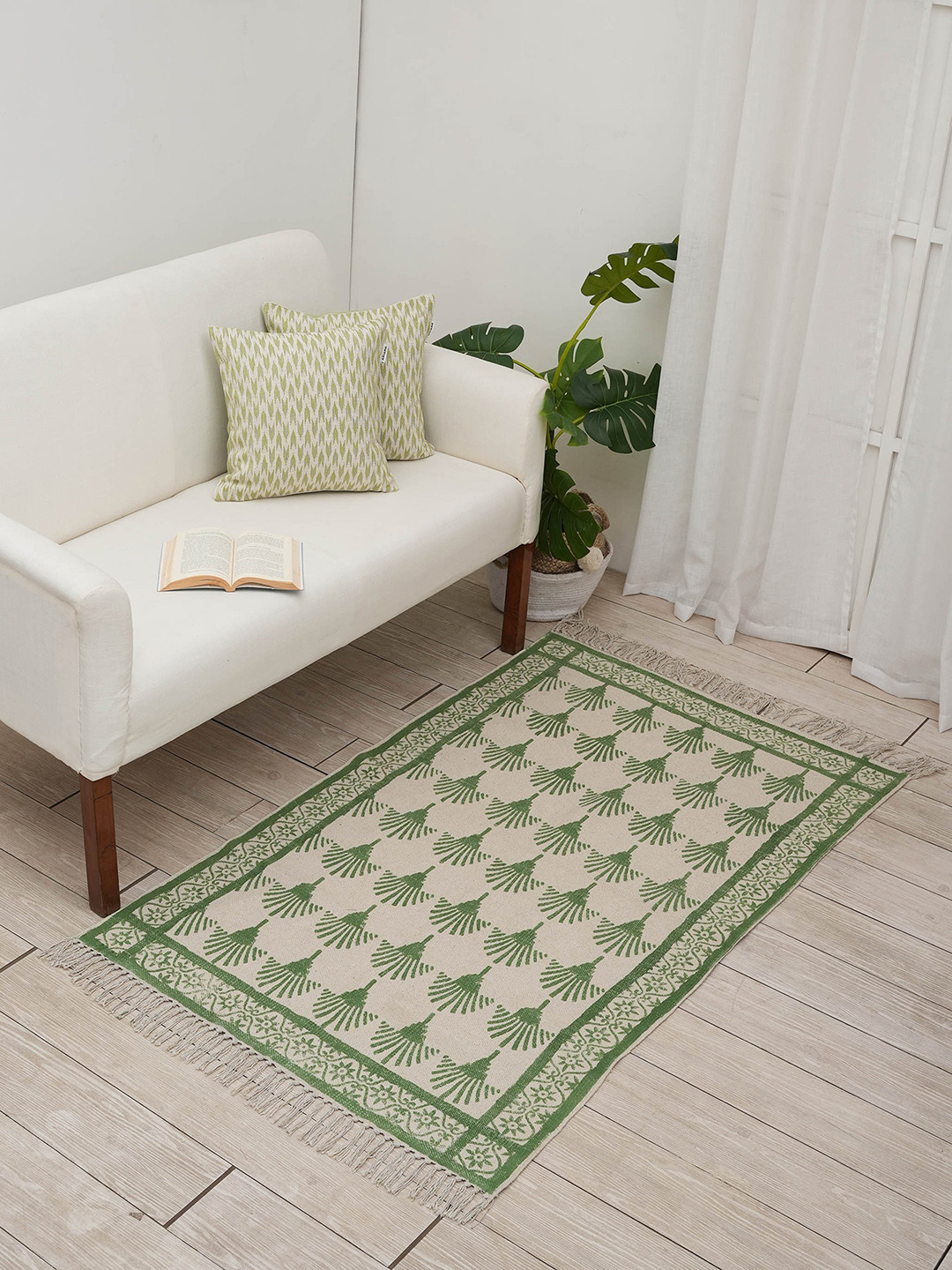 Ariana Dari Green & Beige Block Printed Pure Cotton Carpet