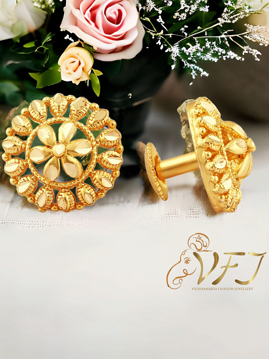 Vighnaharta Gold-Plated Floral Studs Earrings