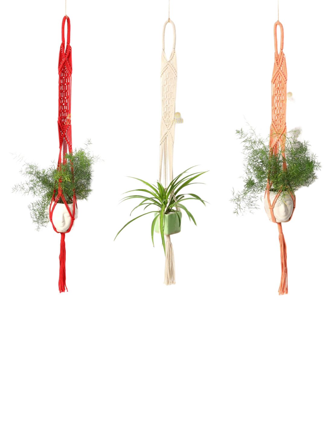 DULI 3-Pcs Red & Cream-Coloured Macrame Wall Hanging Planters